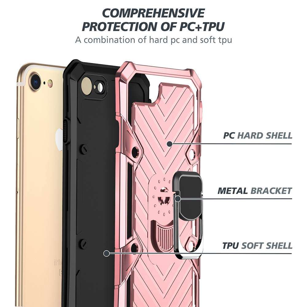 Military Grade for iPhone 8 Case iPhone 7 Case iPhone SE 2020 Metal Rotating Ring with Kickstand Holder Armor Heavy Duty Shockproof Drop Protective Cover for iPhone 8/7/SE 2020 Phone Case (Rose Gold) 5