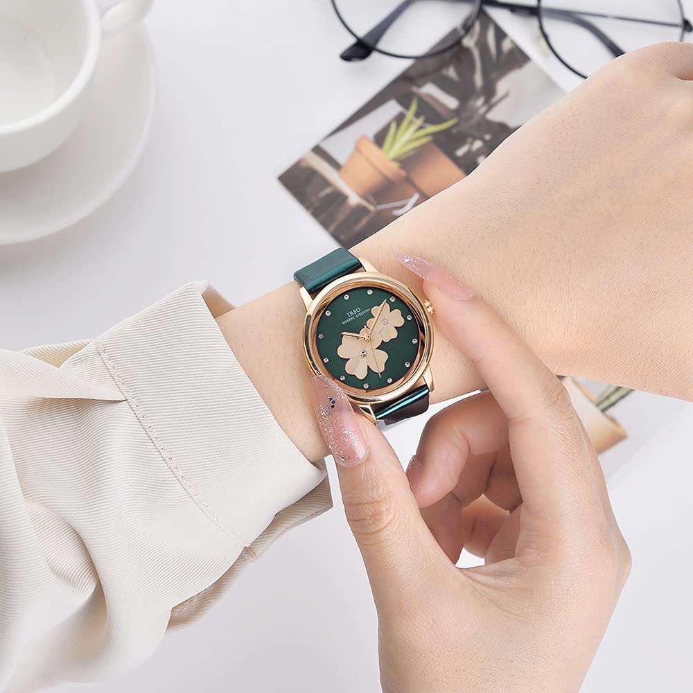 IBSO Watches for Women Four Leaf Clover Lady Leather Band Wristwatch Clear Dial Montre Femme a Nice Gift (8806L Green) 5
