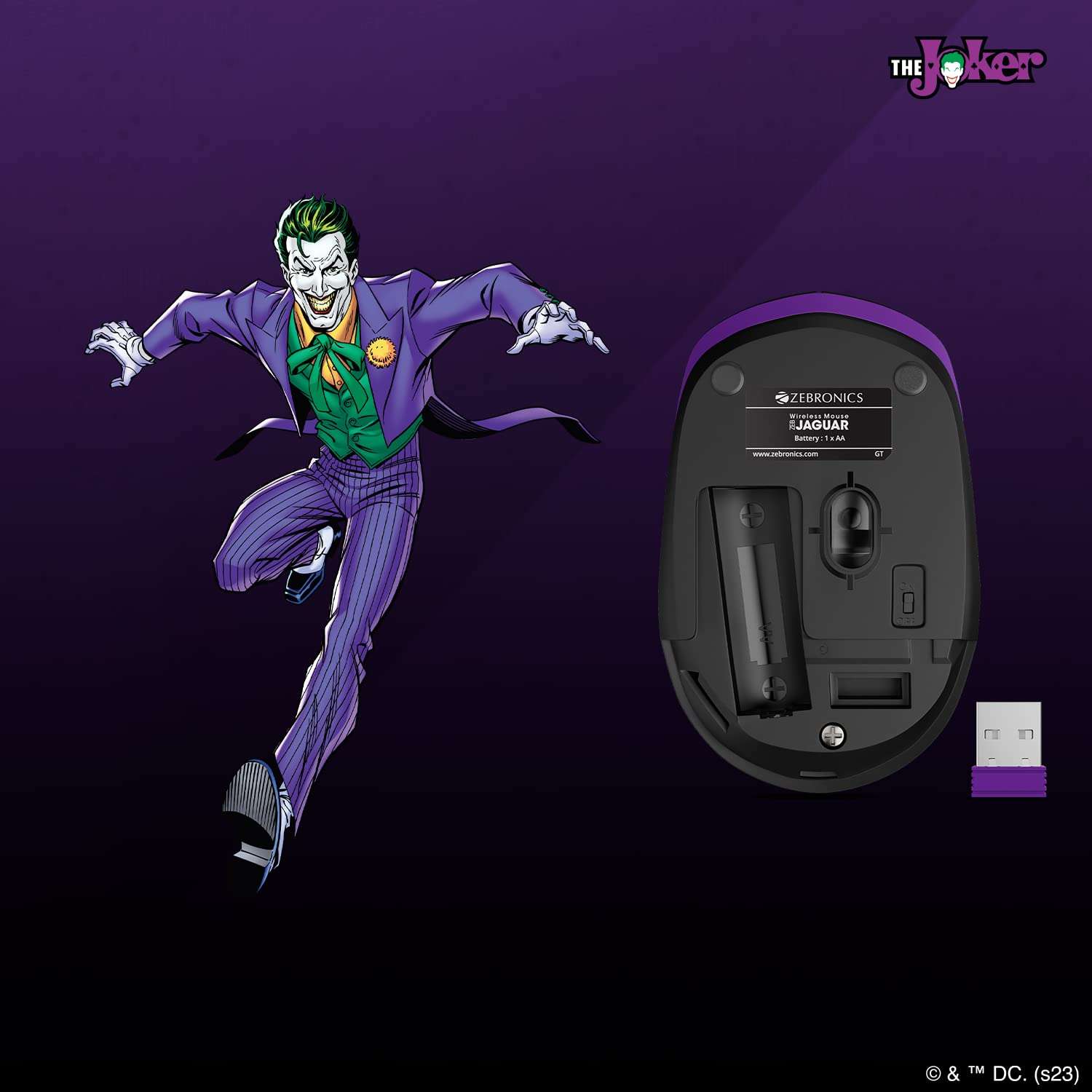 ZEBRONICS DC Joker Edition Jaguar Silent Wireless Mouse for Computer, Laptop with 1600 DPI max, Switch Control, Power ON/Off, Plug & Play Usage, 2.4GHz Nano Receiver and Lightweight 4