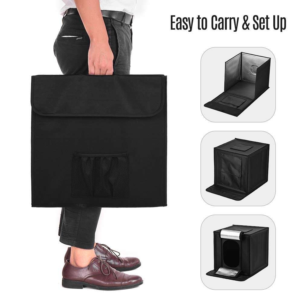 Andoer Photo Studio Light Box 16 inch Adjustable Brightness 5500K 84pcs LED Lights Photography Shooting Tent Kit with 5 Color Backdrops Professional Table Top for Small Size Itens 5