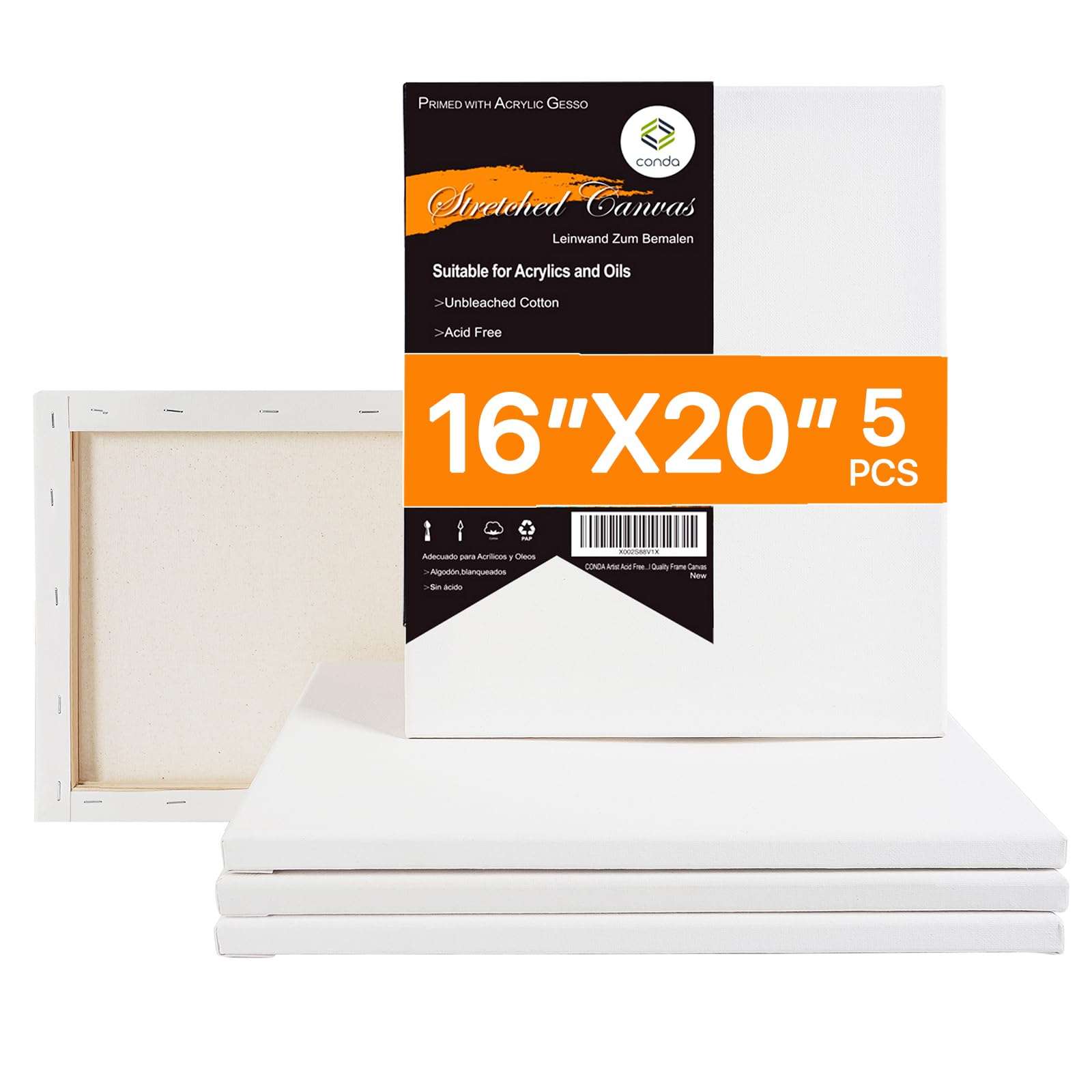 CONDA 16x20 inch Stretched Canvas for Painting, Pack of 5, Primed, 100% Cotton 5/8 Inch Profile Value Bulk Pack for Acrylics, Oils Painting 1