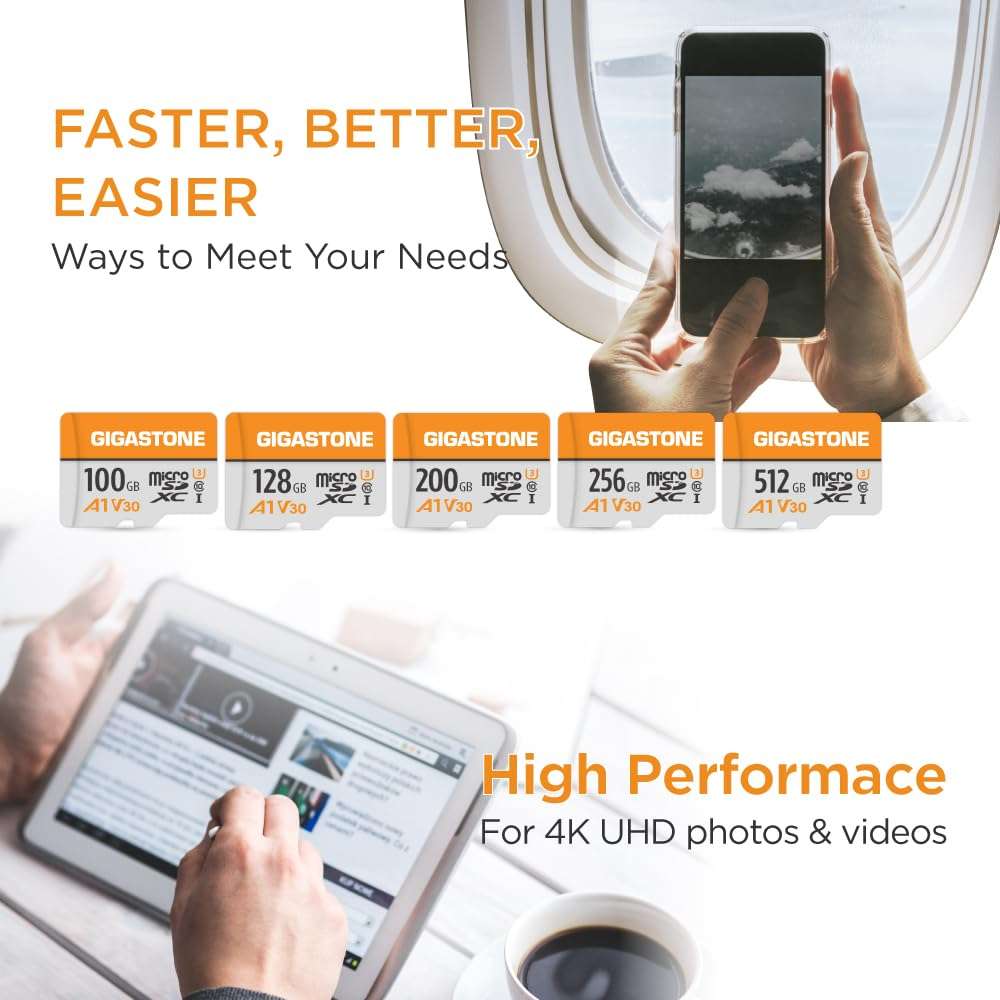 GIGASTONE 200GB Micro SD Card 2-Pack, A1 V30, 4K Video Recording, Compatible with Security Camera, Dash Cam, Drone, 100MB/s MicroSDXC Memory Card UHS-I V30 Class 10, with Adapter 5