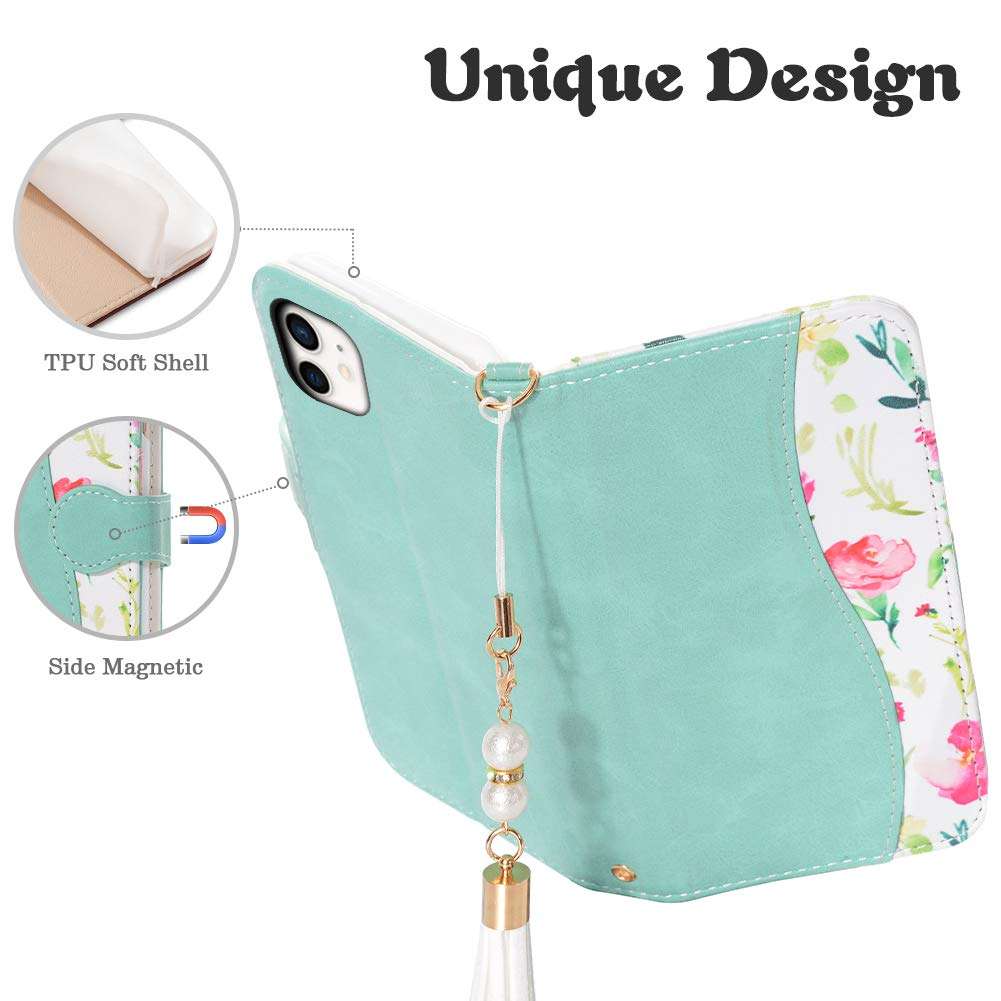 iPhone 12 iPhone 12 Pro Floral Series Wallet Case for Girls Women Lovely Flower Pattern PU Suede Leather Flip Cover Card Slots Stand Magnetic Closure Pearl Pendant Case for iPhone 12/12 pro 6.1 Inch 4