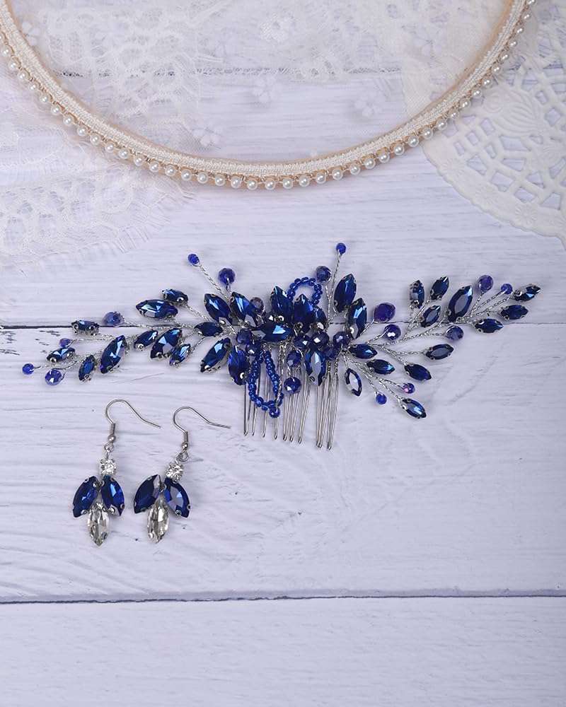 Rumtock Blue Hair Comb with Earrings for Women Girls Wedding Bridal Hair Piece Handmade Bnaquet Prom Jewelry 5