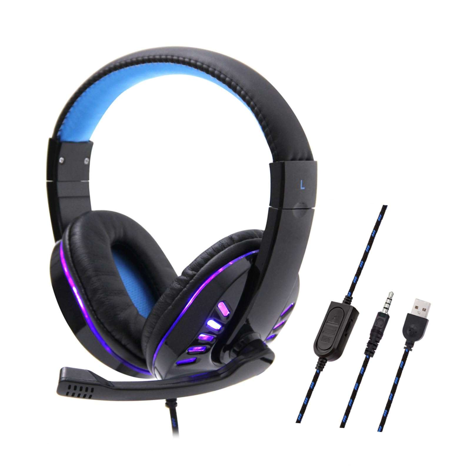 Wisoqu SY755MV Luminous Gaming Headset with Microphone, Telescopic Adjustment, 120° Clear Sound Pick Up, Mute Buttons, LED Light, for PC Laptop (Blue)
