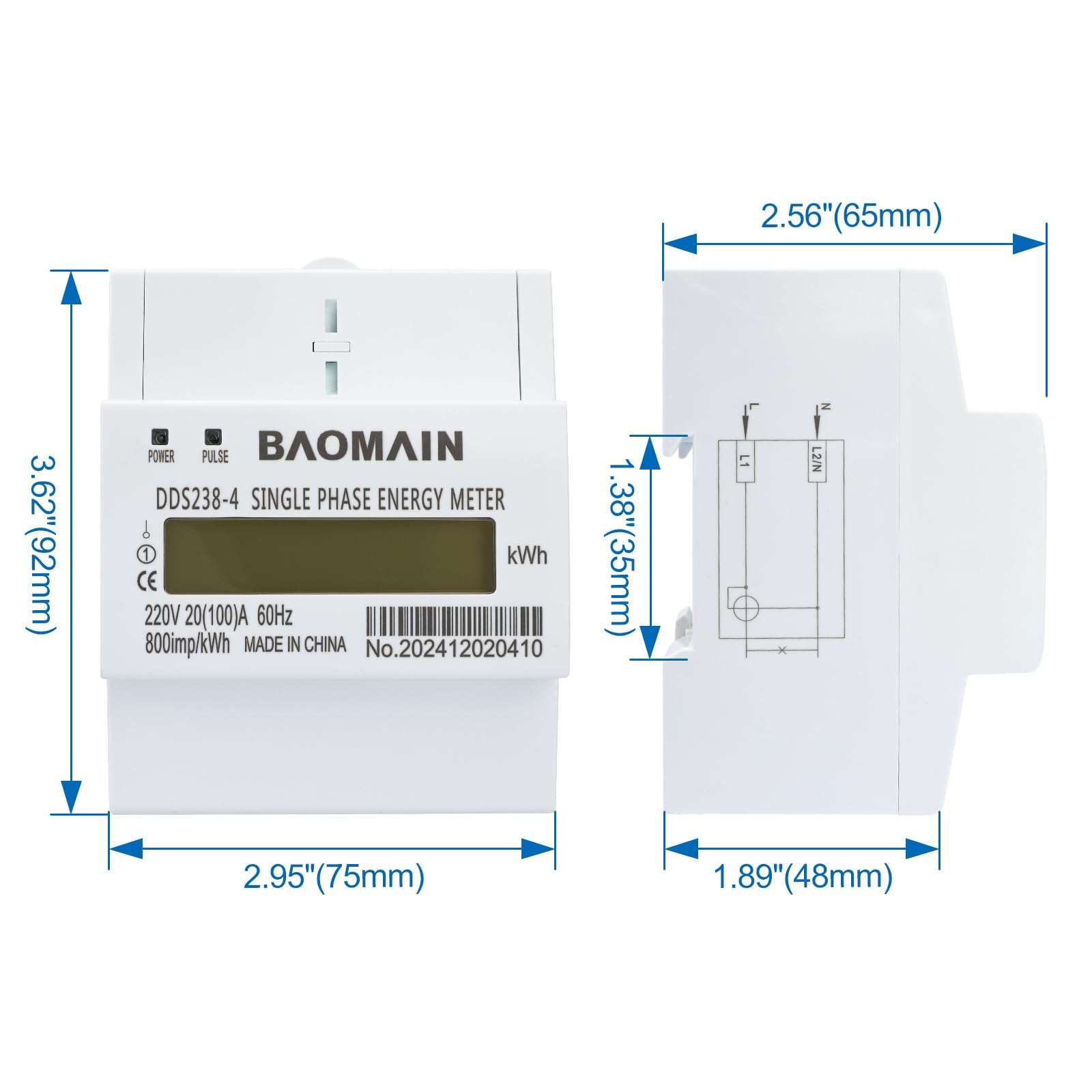 Baomain Single Phase Energy Meter 2 Wire 220V DIN-Rail Type Kilowatt Hour kwh Meter 60Hz 20 (100) A 2