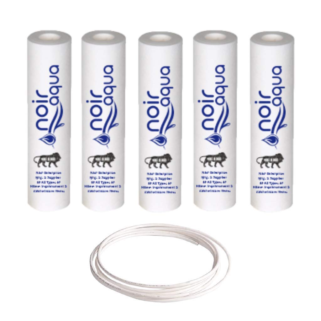 Noir Aqua - 5 PP Spun Filter + 2 Meter 1/4" Food Grade Water Pipe | for All type RO Water Purifiers (5 Piece, White, 10 Inch, 5 Micron) - RO spun filter cartridge