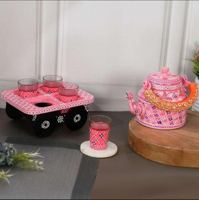 Asmita Craft HandPainted Alluminium Pink Tea Kettle with Four Glasses and Wooden Tray For Home Dcor Tea Party Serving 1