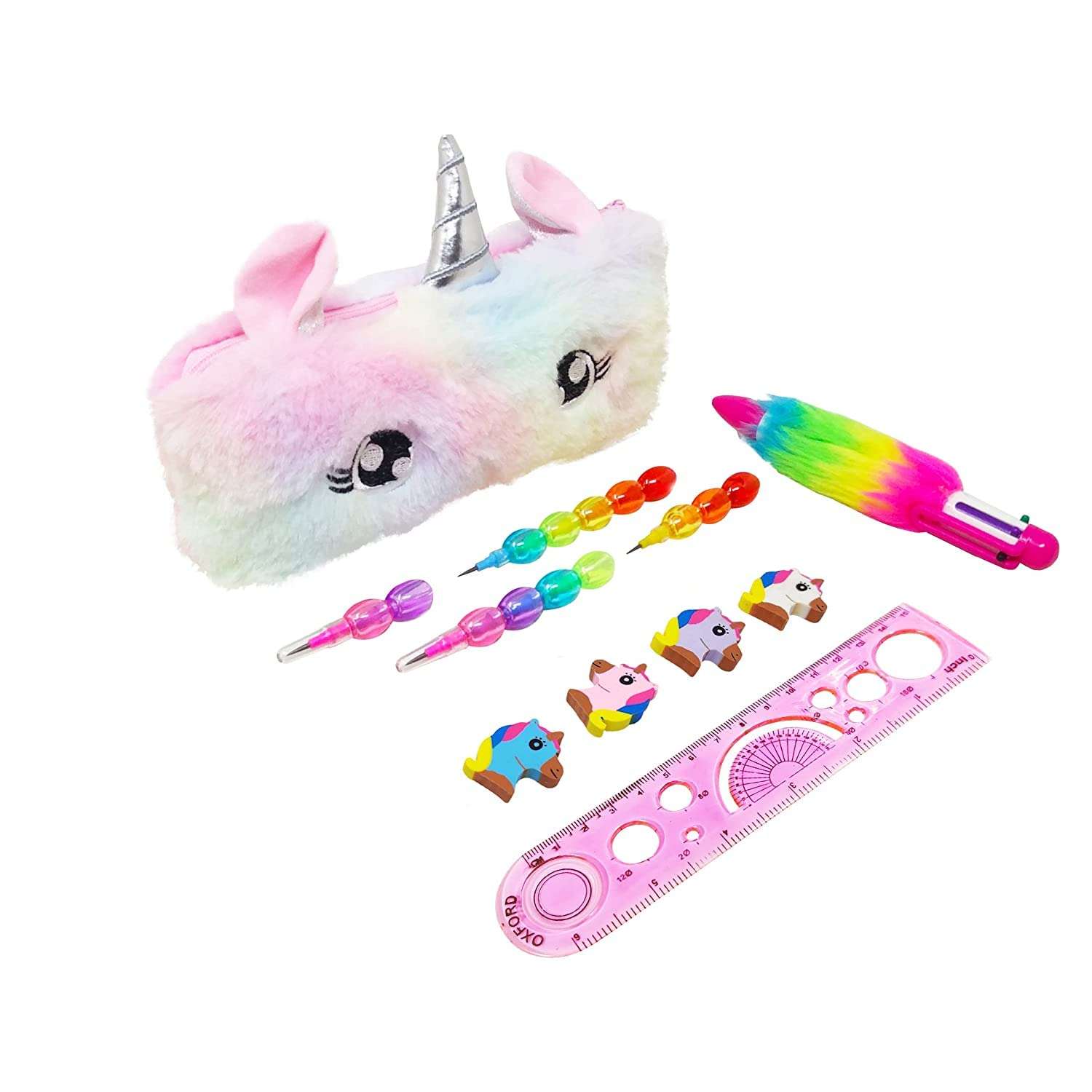 MKY® Unicorn (Combo of 6 Items) 1 Fur Pouch, 1 Fer Pen, 2 Pencils, 1 Scale and 1 Packet Unicorn Eraser for Kids (Multicolor) 5