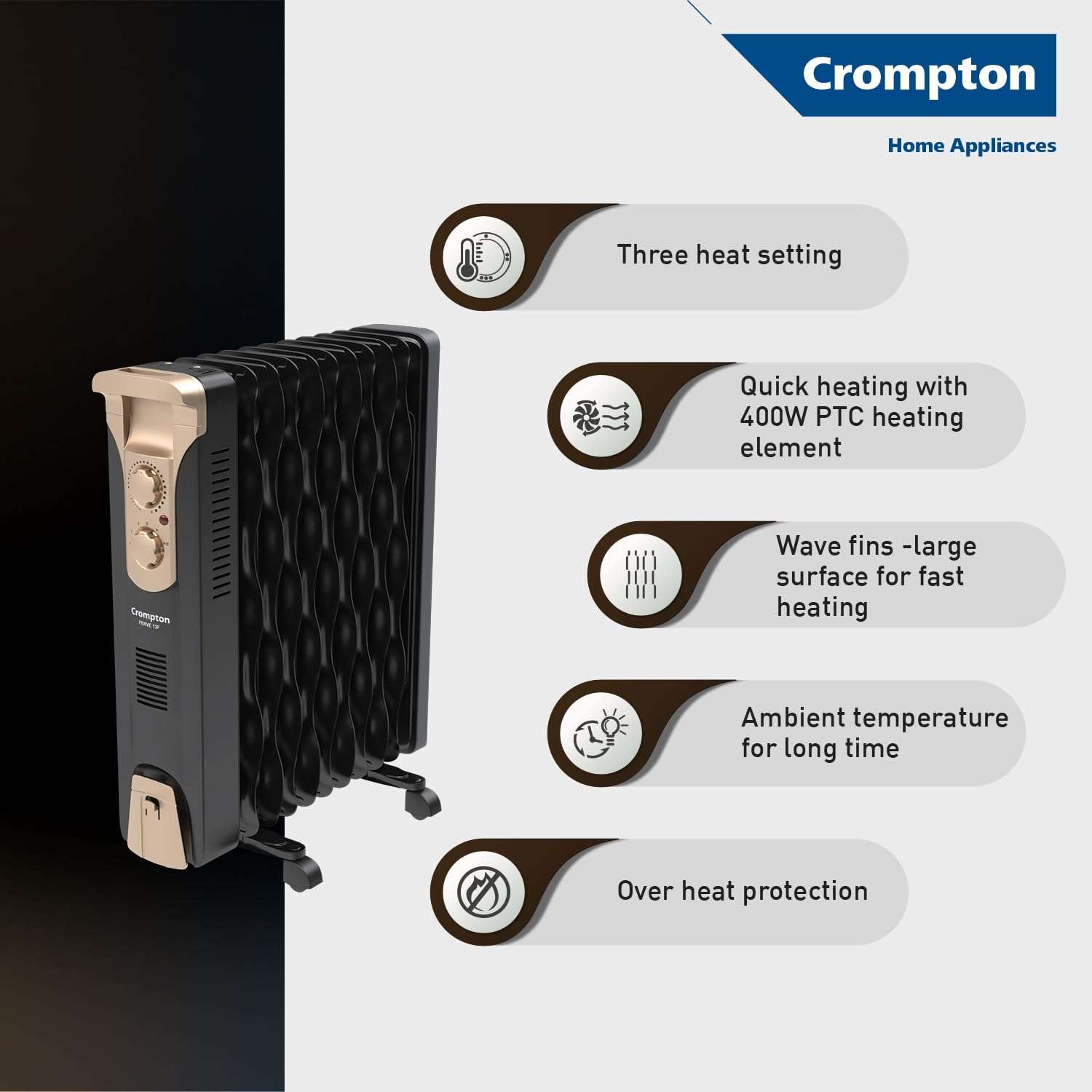 Crompton 09 Fin Insta Ferver wave Fin OFR (Oil Filled Radiator)|Room Heater|2400 W|3 Heat Settings & PTC Fan Heater|Over heat & Tilt protection |360° Heating (Black)|2yrs warranty|Black & Copper 4