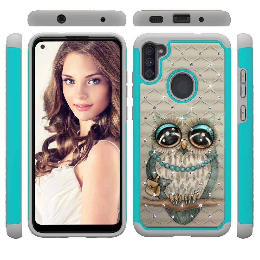 Lantier Heavy Duty Glitter Bling Hybrid Dual Layer 2 in 1 Hard Cover Soft TPU Impact Armor Defender Protective Shockproof Diamond Case for Samsung Galaxy A21 Owl 2
