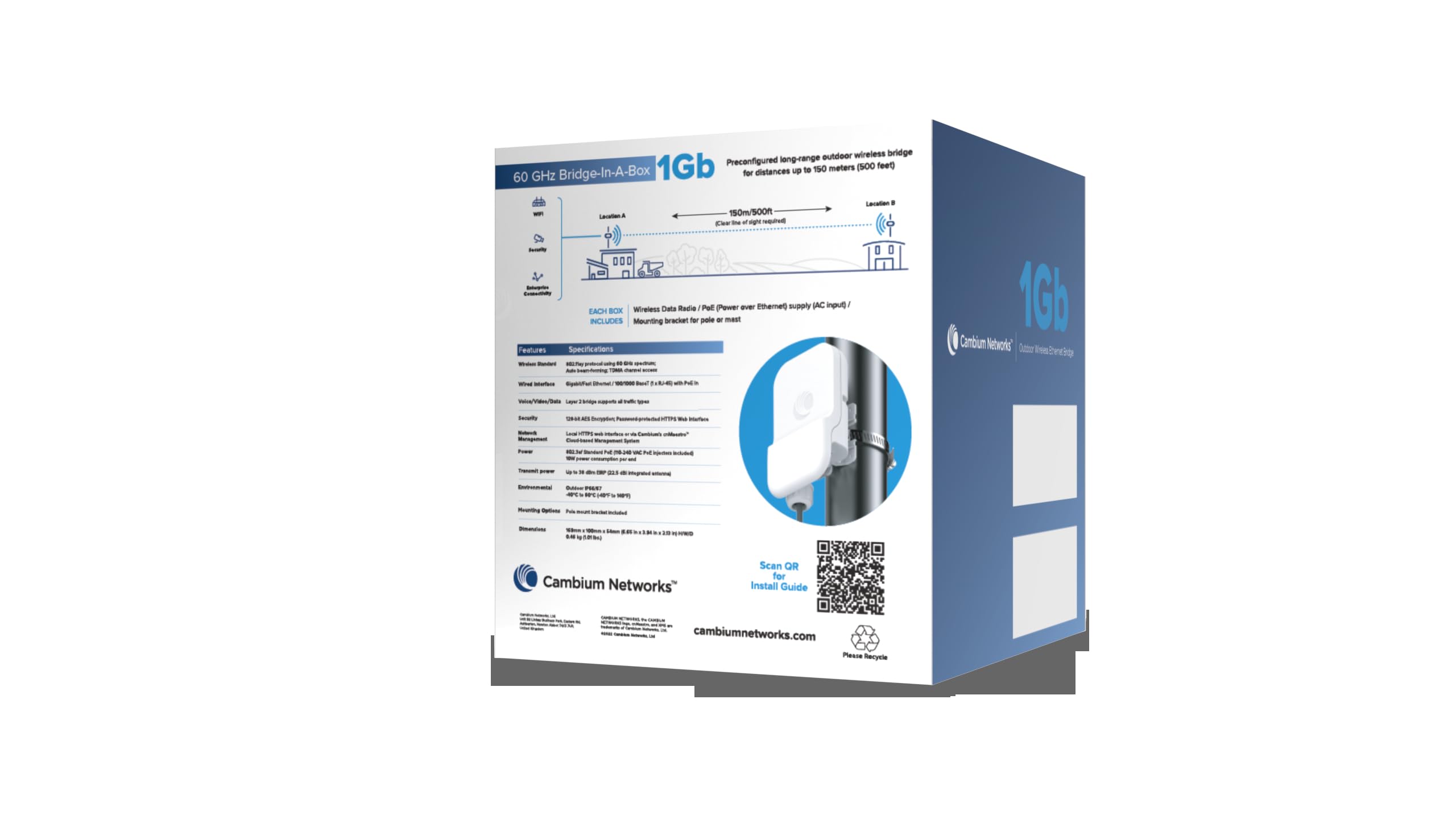 Cambium Networks 60 GHz Bridge in a Box 2 Gb- Extended Connectivity Up to 0.3 Miles (500 Meters)- 3.6 Gbps Throughput- LAN Extension- Backhaul for Outdoor/Remote Wi-Fi Hotspots-(US cord)- C600510C020A 4