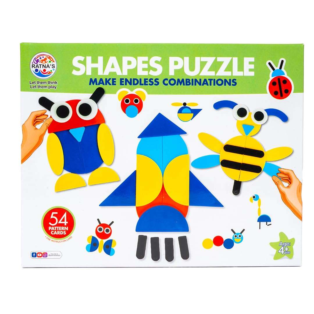 Ratna's Shapes Puzzle Educational Toy, 54 Pattern Challenge Cards, Creative Building Game for Kids 4+ Years 5