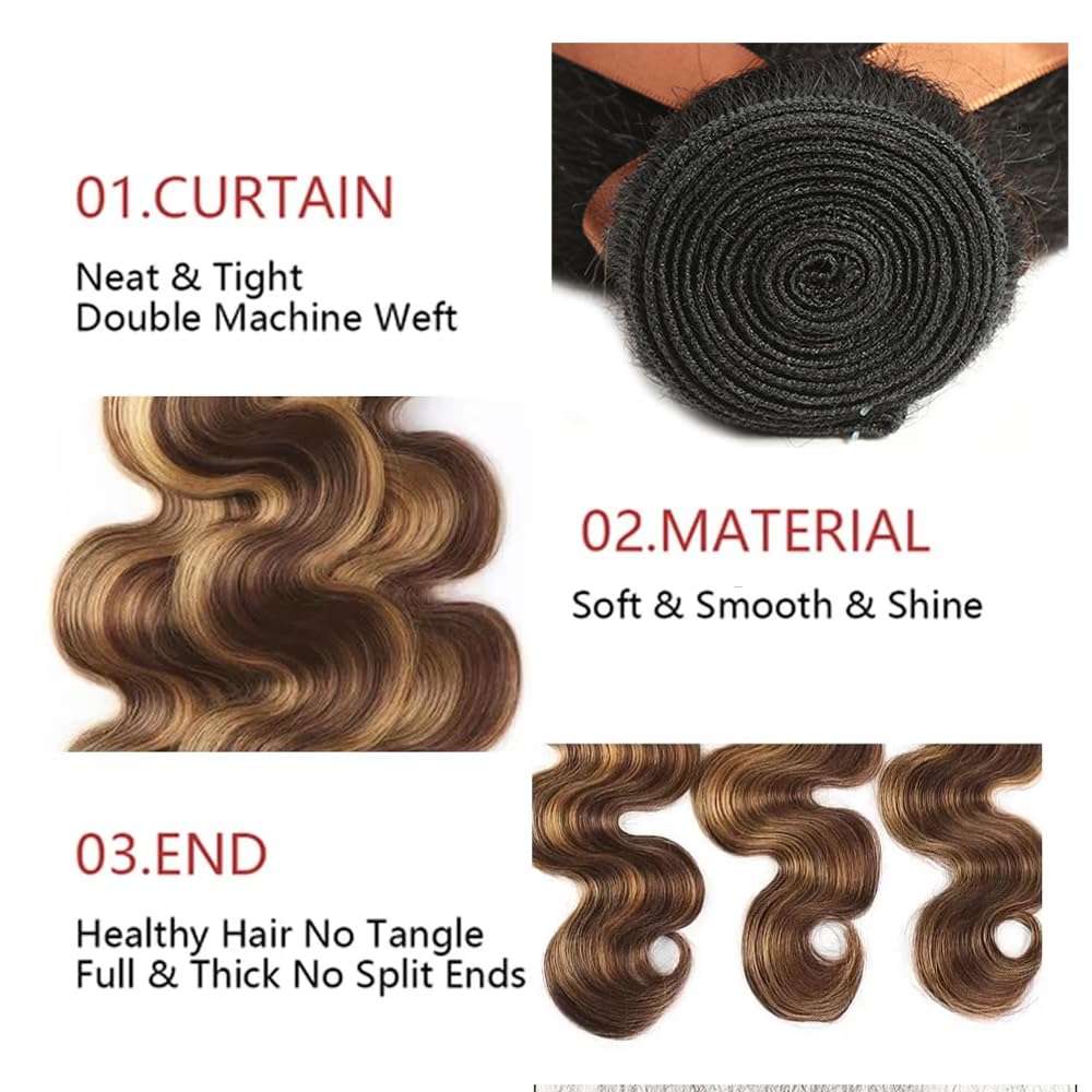 P4/27 Human Hair Bundles Highlight Body Wave Ombre Brown 16 18 20 Inch #27 and #4 4/27 4