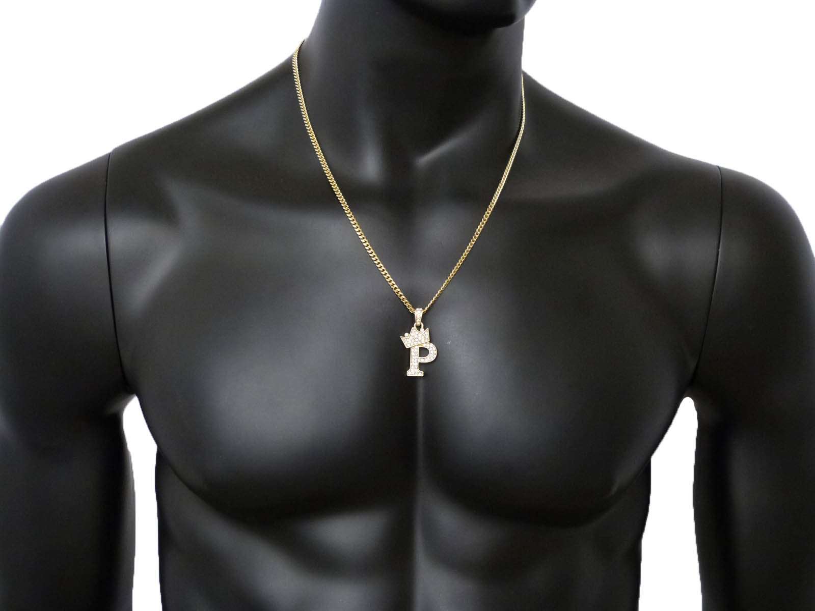 Fashion 21 Unisex Small Size Pave Crown Tilted Initial Alphabet Letter Pendant 3mm 24" Cuban Chain Necklace in Gold, Silver Tone (P - Gold Tone) 2