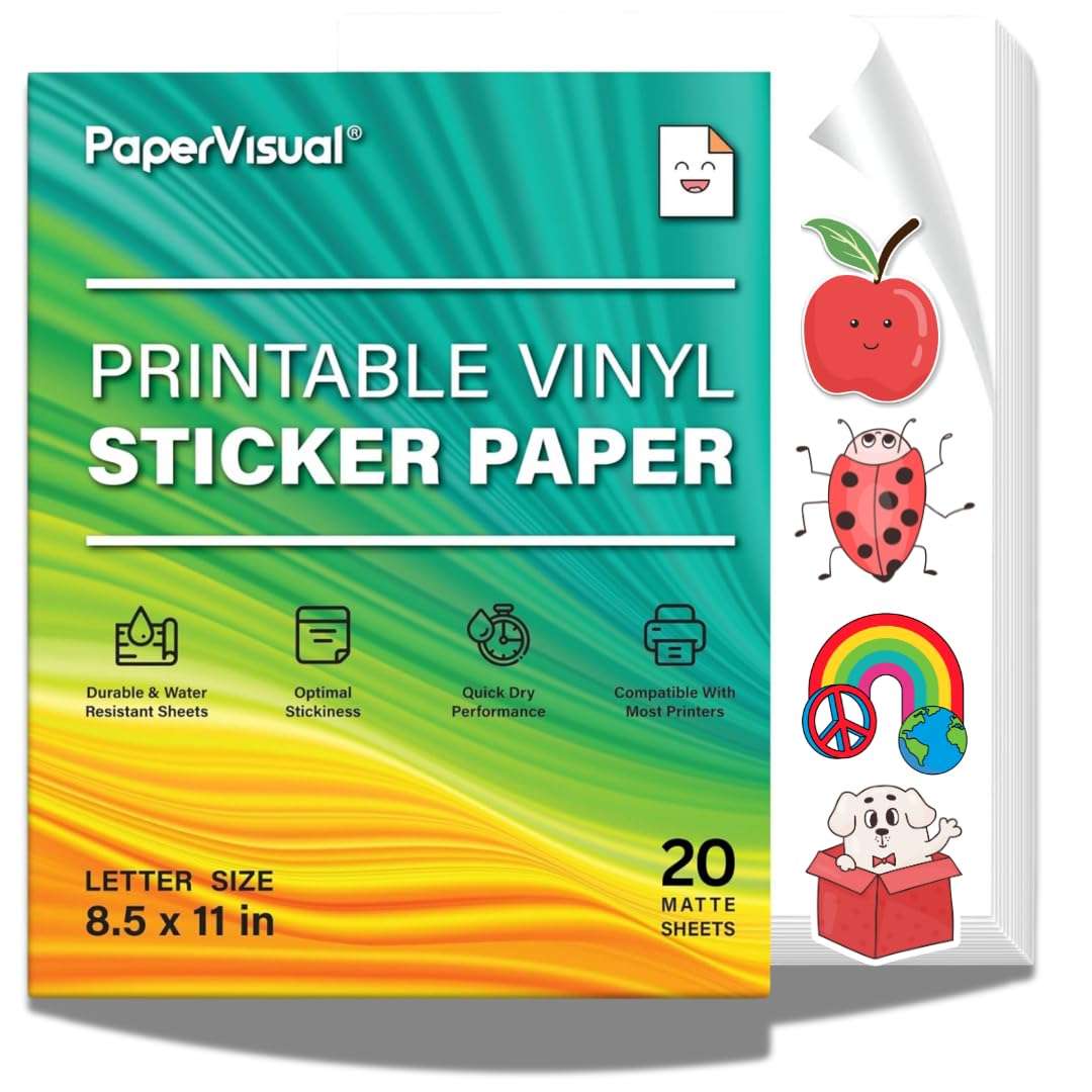 Premium Printable Vinyl Sticker Paper for Inkjet and Laser Printer - 20 White Matte Sticker Paper Waterproof - Excellent Adhesion Paper 8.5 x 11, Fast Dry, Holds Ink Well, Great for Cutting Machines 3