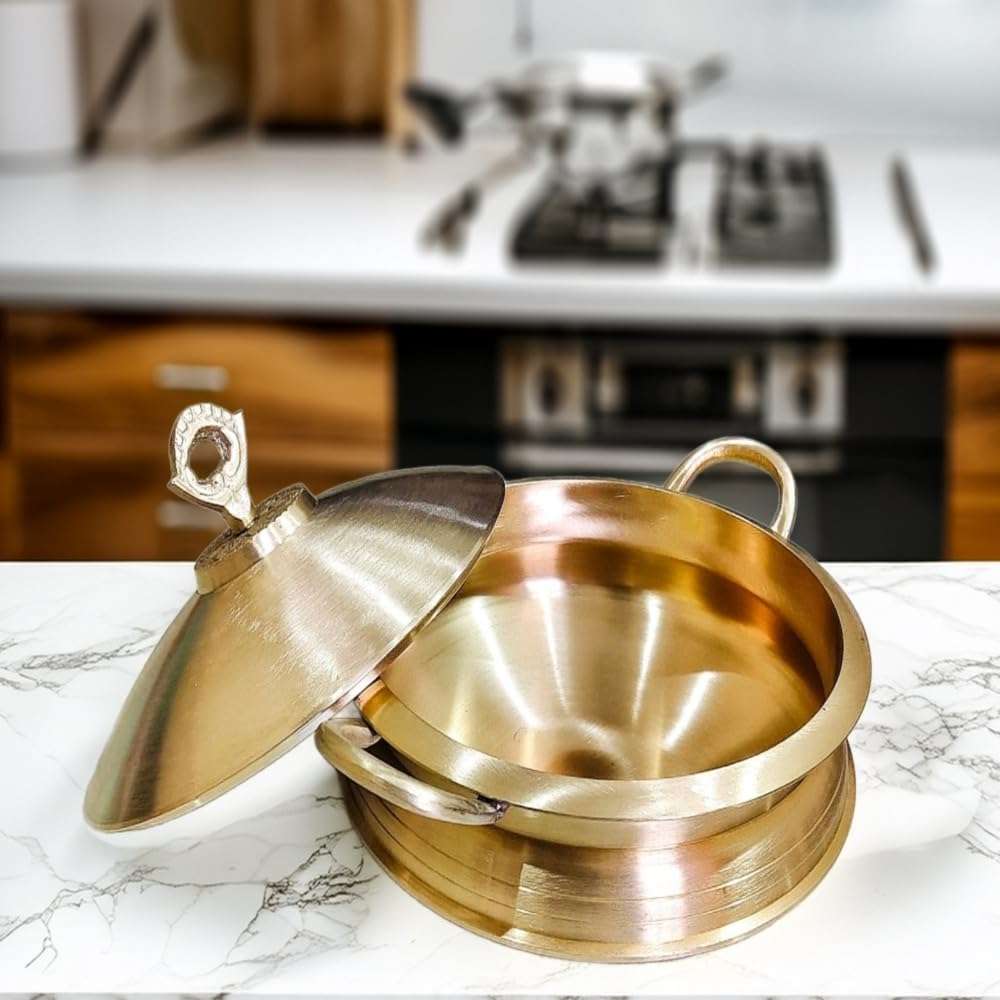 PTAL NAGRI Brass Matt Handi For Cooking | Patila | 1.250 Kg - 750 ml | Biryani | Set With Lid | | Matt Tapeli | Bhagona | Matte Pital Ka Handi | Tope | Set of 1,Polished 4