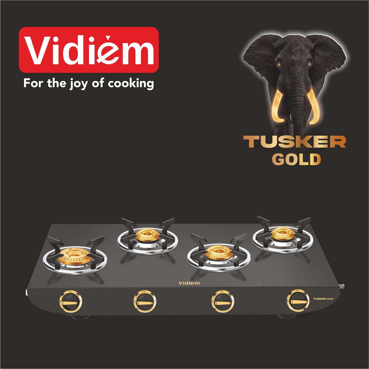 Vidiem 4 Burner ZZ Gas Stove - Tusker Gold Black | Manual Ignition | High-Efficiency Brass Burners | GI Rust-Proof Body | Frameless Design | 5-Year Warranty | Cooktop for Indian Cooking 3