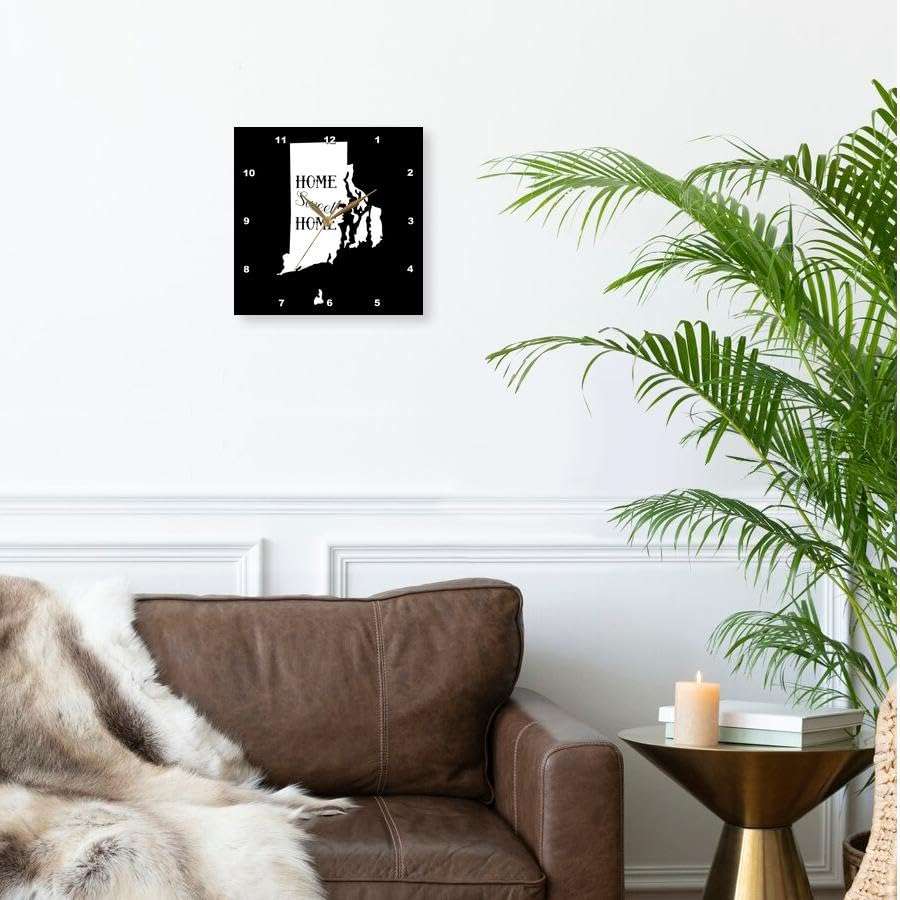 3dRose Wall Clock Silent - 10 inch - Home Sweet Home Inside The State of Rhode Island. Black Background. - Stamp City - Typography 2