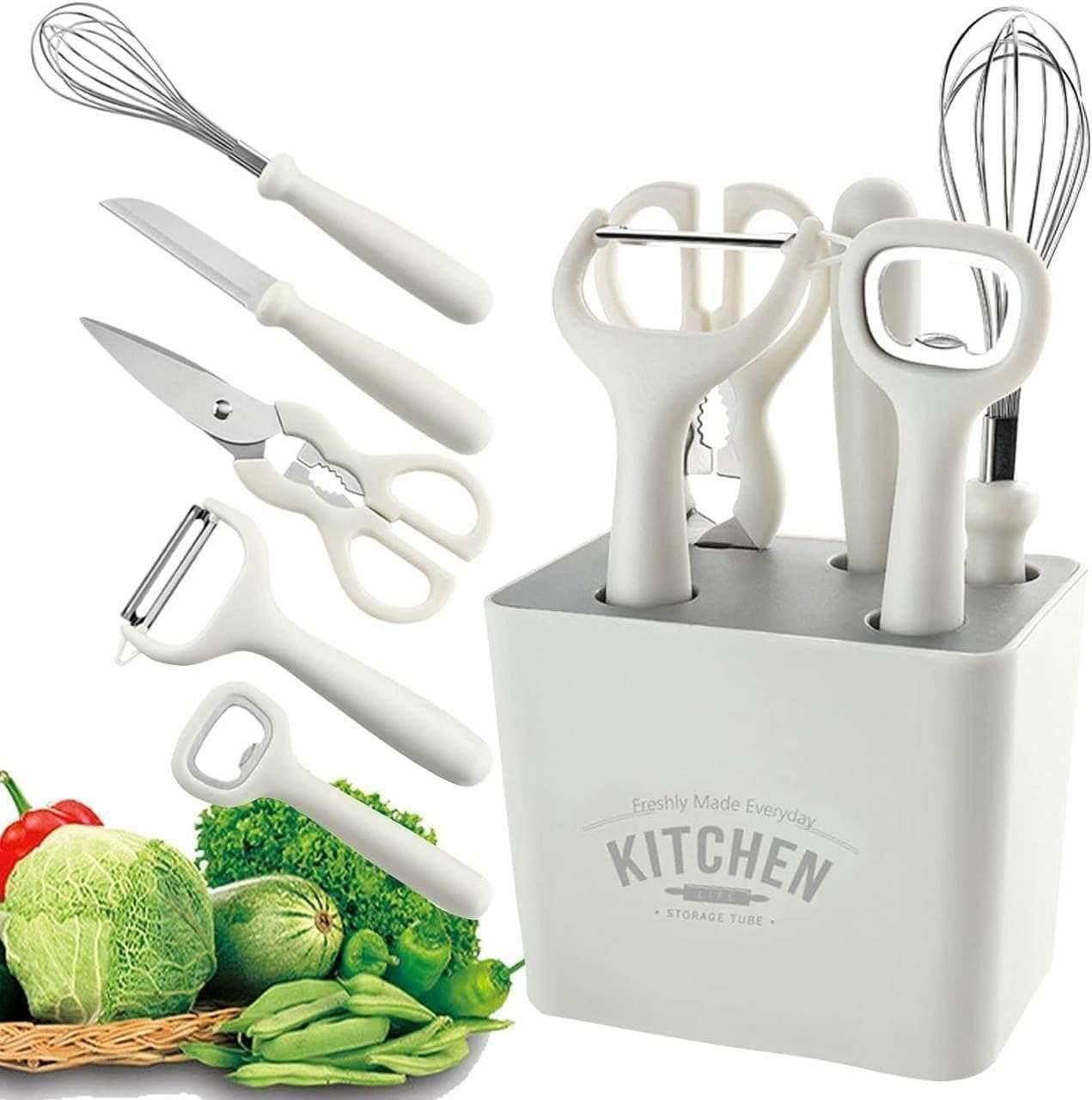 Menrexa 6pcs Kitchen Gadgets Set - Includes Kitchen Scissors, Paring Knife, Whisk, Bottle Opener, Peeler, and Utensil Holder - Essential Kitchen Utensils Set for Home Cooking