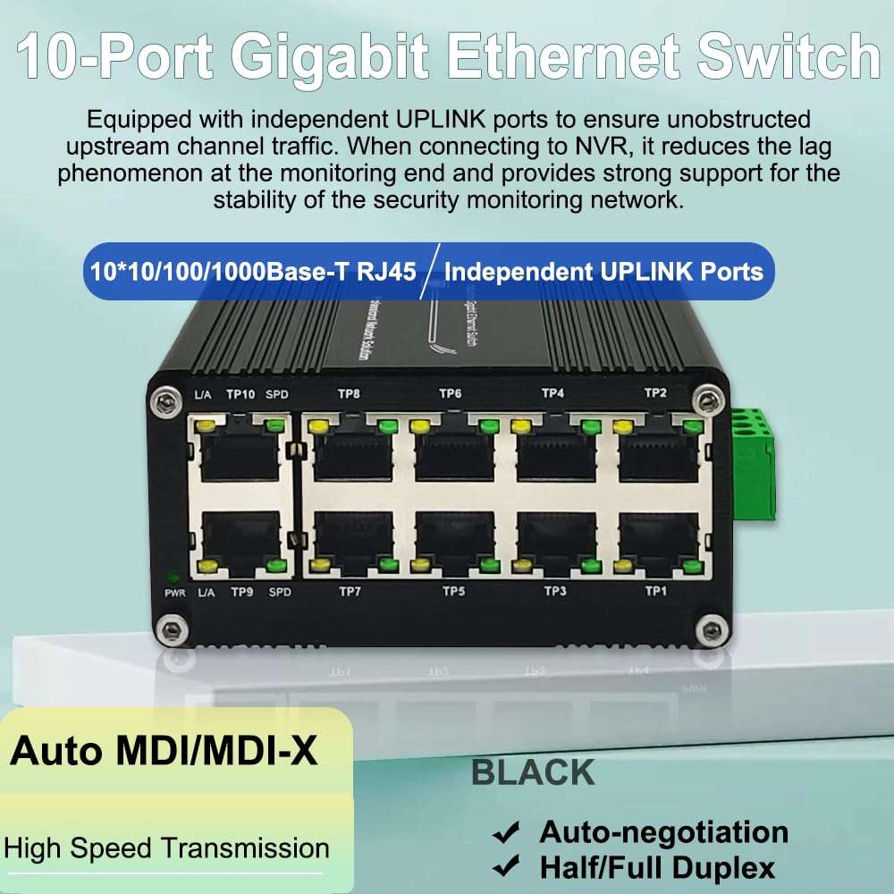 10-Port Gigabit Ethernet Switch - Industrial-Grade Unmanaged Network Hub with Din-Rail or Wall Mount, Full Duplex Desktop,Fast Connection,Plug and Play, Rugged Metal Case, Wide Temperature Range 4