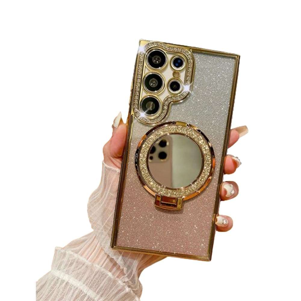 Transmitg for Samsung Glitter Rhinestones Magnetic Case with Kickstand & Cosmetic Mirror, Sparkly Diamond Gradient Phone Case with Bling Camera Lens Protector (Gold,for S24Ultra) 1