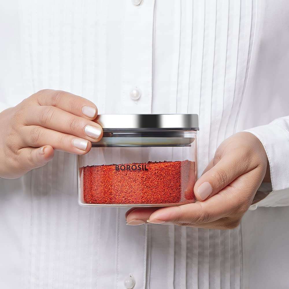 Borosil Classic Glass Jar, Air-Tight Storage Containers For Kitchen, Glass Storage Organiser For Spices, Snacks, Grains, Dals, 300ml, Clear 5