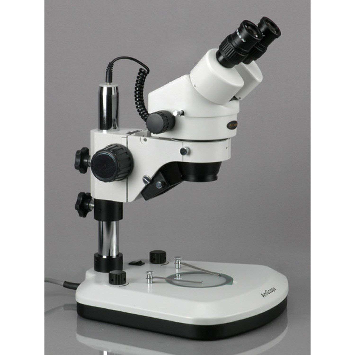 AmScope SM-1BX-PL Professional Binocular Stereo Zoom Microscope, WH10x Eyepieces, 3.5X-45X Magnification, 0.7X-4.5X Zoom Objective, Upper and Lower LED Lighting, Pillar Stand, Includes 0.5x Barlow Lens 2