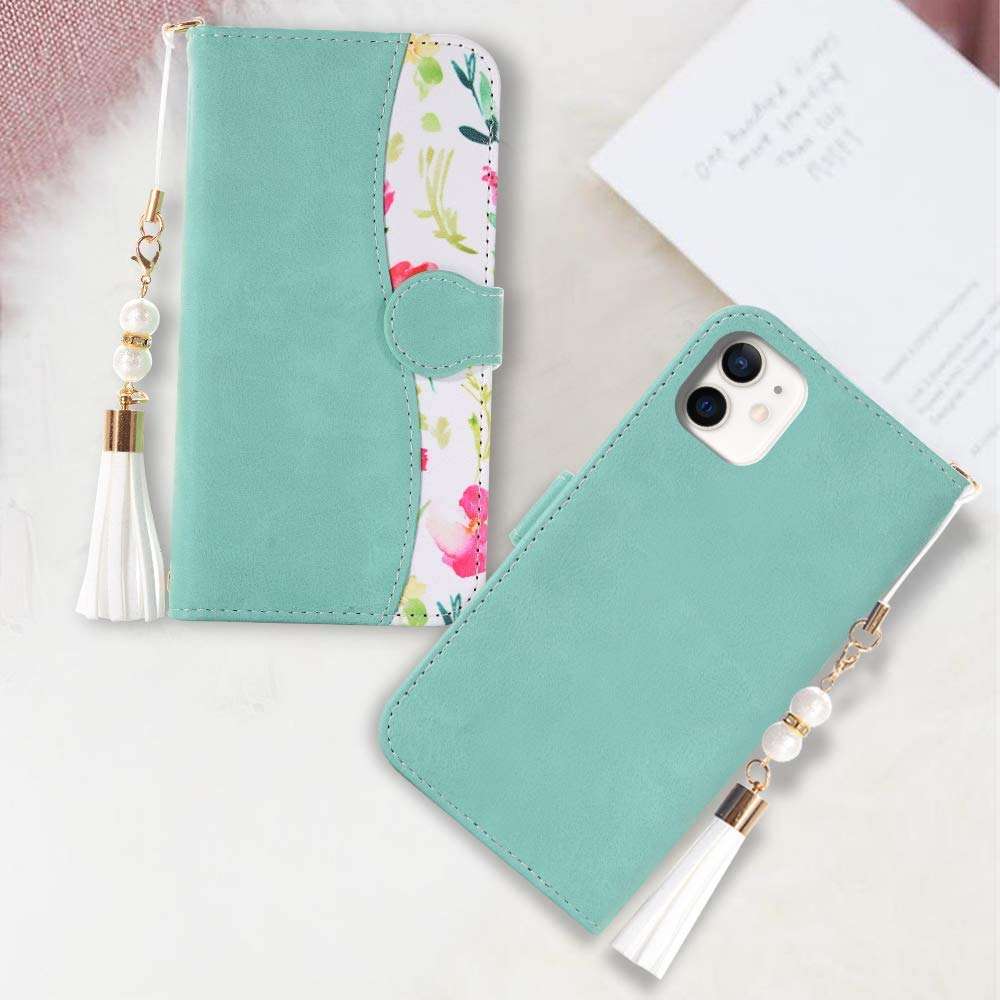 iPhone 12 iPhone 12 Pro Floral Series Wallet Case for Girls Women Lovely Flower Pattern PU Suede Leather Flip Cover Card Slots Stand Magnetic Closure Pearl Pendant Case for iPhone 12/12 pro 6.1 Inch 6