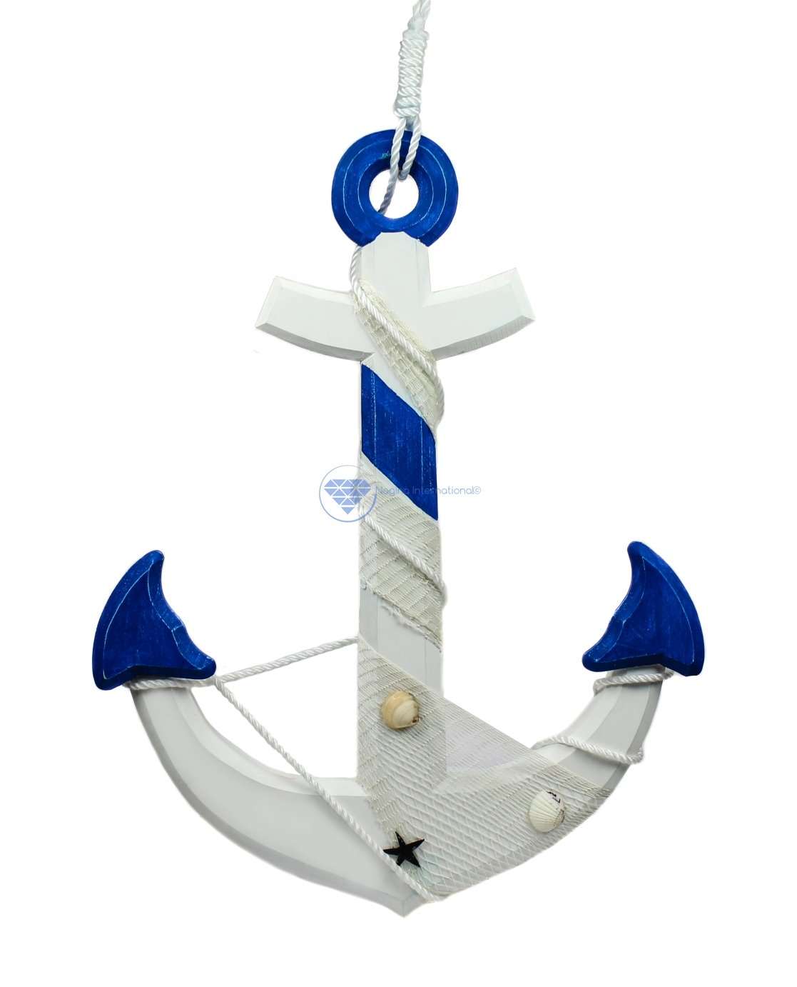 Nagina International 24" Nautical Handcrafted Distressed Wooden Wall Decor White Blue Anchor with Fishing Nets Sea Shells & Rope | Maritime Nautical Decor 1