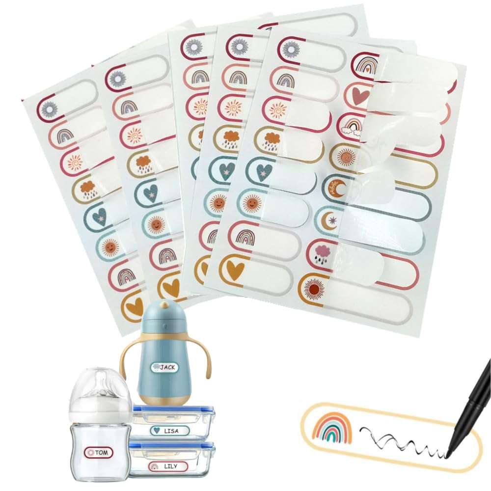 Name Stickers,Waterproof Stickers for Bottles,Waterproof Write-On Name LabelsName Sticker for Kitchen Jars,Baby Bottle Labels for Daycare,Self-Laminating School Name Labels for Kids (Cartoon Sticker) 1