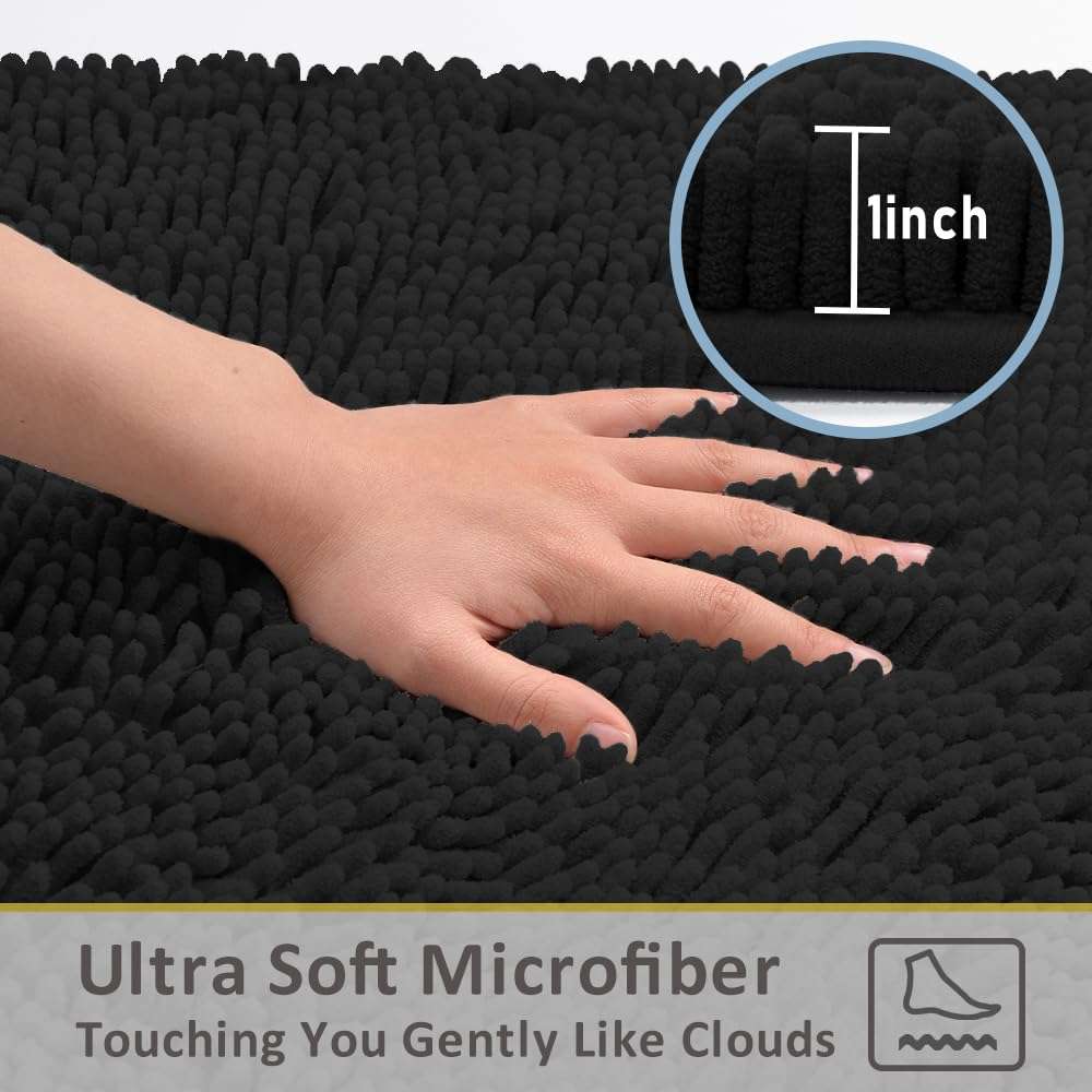 Bathroom Rugs Sets 4 Piece with Toilet Lid Cover, Soft Shaggy Bath Rug Set and U Shaped Toilet Rug, Machine Washable Chenille Bathroom Set Bath Mat Non-Slip PVC Backing Water Absorbent Gifts, Black 3