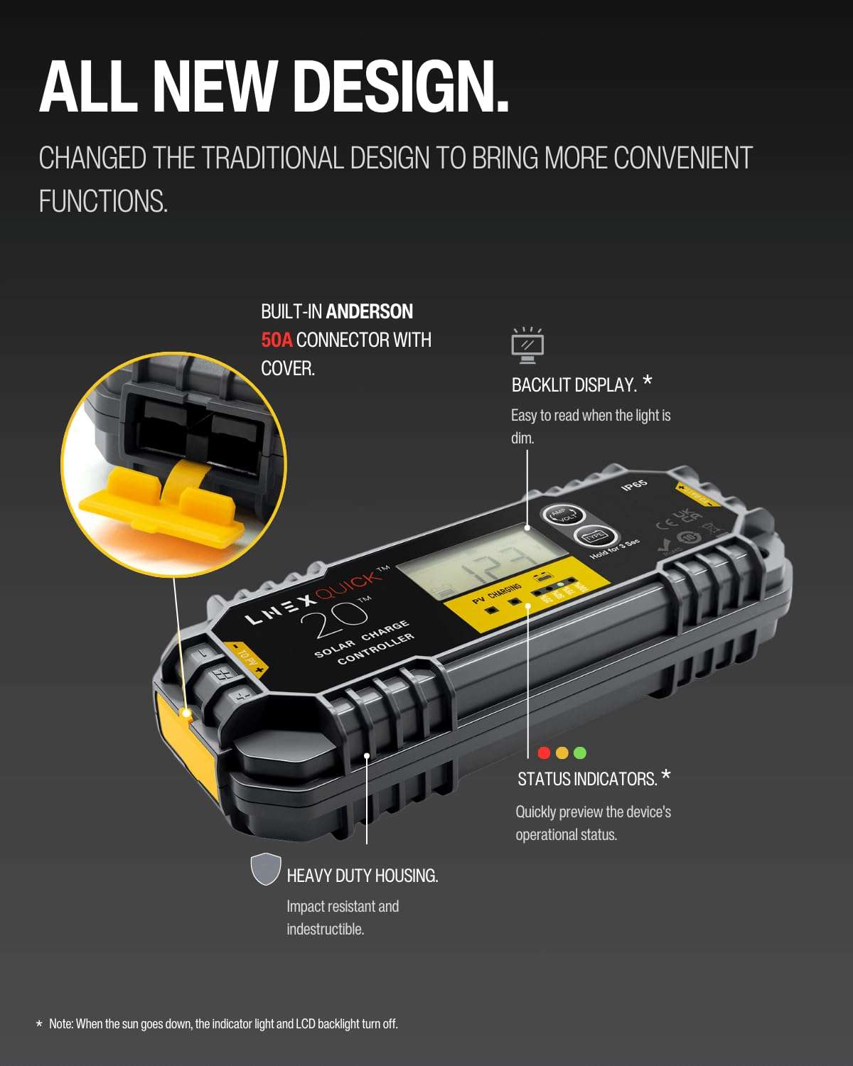 LNEX 20A 12V/24V PWM Waterproof Solar Charge Controller with Backlight LCD Display for AGM, Gel, Flooded and Lithium Battery, Used in RVs, Trailers, Boats, Yachts 3