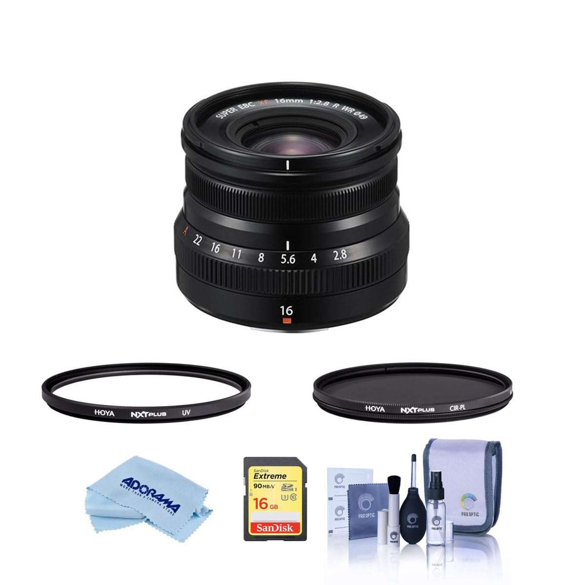 Fujifilm XF 16mm f/2.8 R WR Lens, Black, Bundle with NXT Plus 49mm CPL Filter, 49mm UV Lens Filter, 32GB SDHC Card, Cleaning Kit, Microfiber Cloth 1