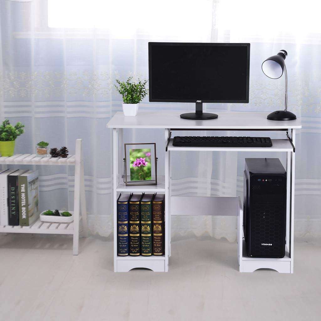 OKBOP Desktop Home Computer Desk with Storage Shelves Keyboard Tray, Modern Writing Desk Wood Student Study Table Notebook Workstation, White Small Office Desk (White) 2