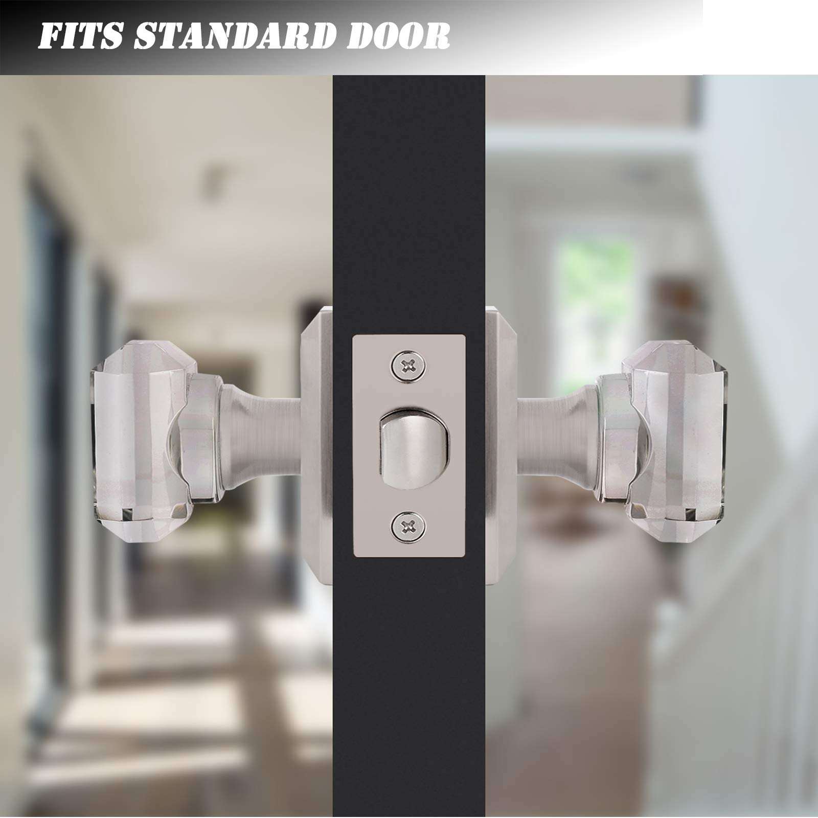 3 Pack Crystal Glass Door Knob Set, Passage Door Knobs for Hall and Closet, Keyless Square Crystal Door Knobs with Satin Nickel Finish, Interior Door Knobs Non-Locking Set, Passage Function 3