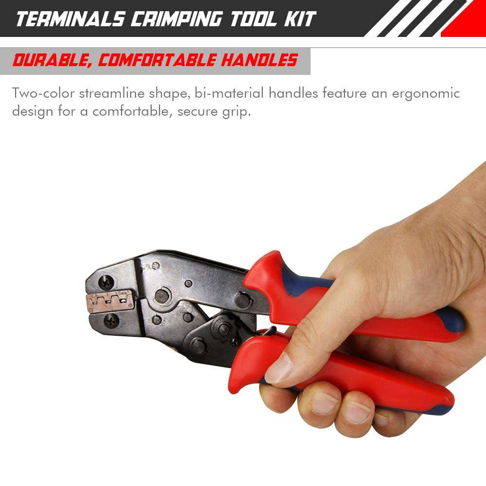Wire Terminals Crimping Tool Kit, Self-Adjusting Automatic Ratcheting Wire Terminals Crimper Tool AWG22-16 (0.5-1.5mm²) with 300PCS Male and 300PCS Female Spade Connectors 2