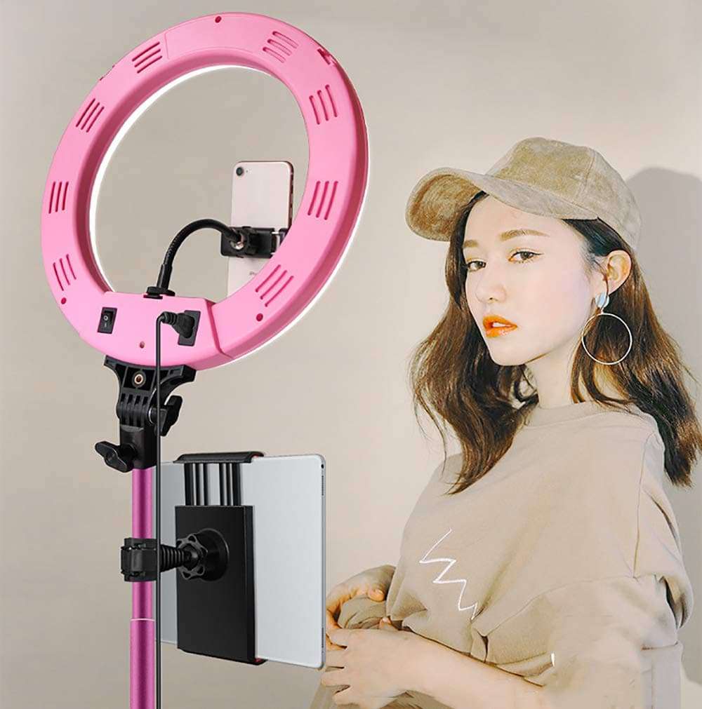 ZJING 33cm Self-Timer Ring Light with Tripod and Mobile Phone Holder LED Fill Light Ring Light for Live Broadcast, Makeup, Photography,Pink 2