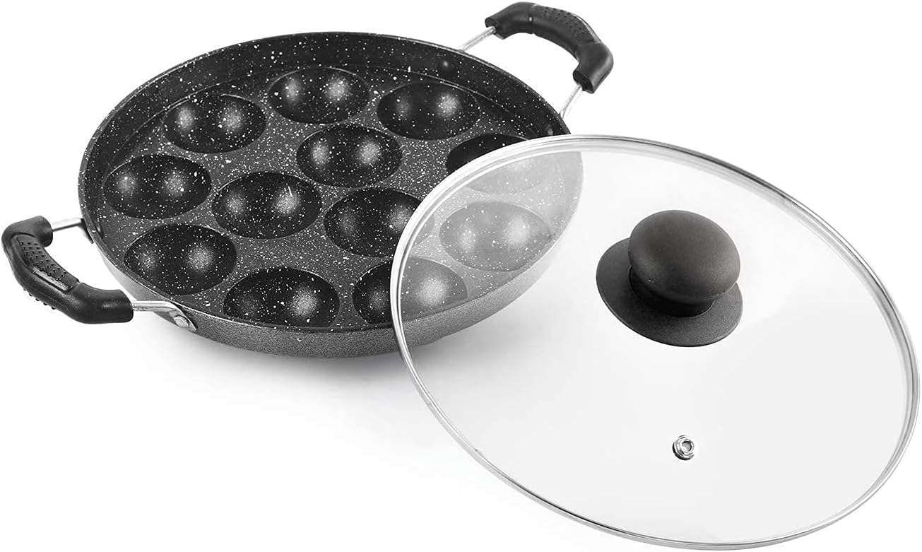 Seven Chakra Tree Non-Stick Appam Aluminium 12 Cavity Appam Patra Paniyarakkal Two Side Handle With Glass Lid, 1 Scrubber, And 1 Picker 1