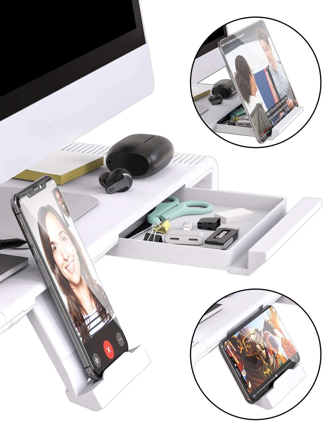 PIKFOS Folding Monitor Stand Riser, Computer Monitor Stand with Adjustable Width, Compatible with iMac, Printer, Laptop with Storage Drawer, Tablet & Mobile Phone Stand Holder, White 3