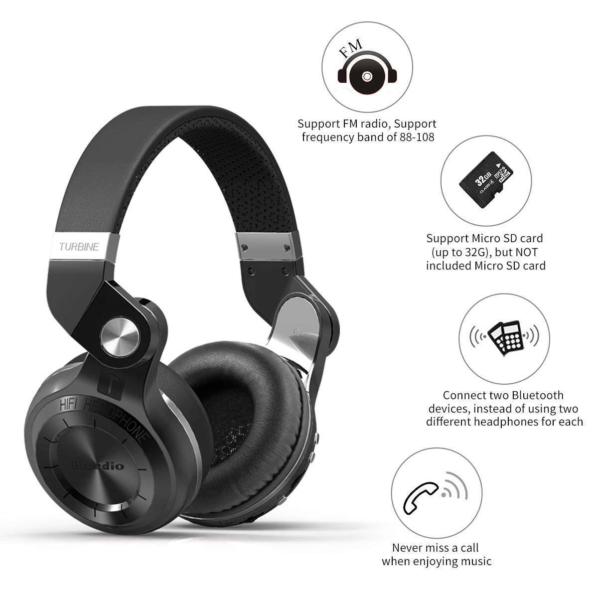 Bluedio T2 Plus Turbine Wireless Bluetooth Headphones with Mic/Micro SD Card Slot/FM Radio (Black) 2