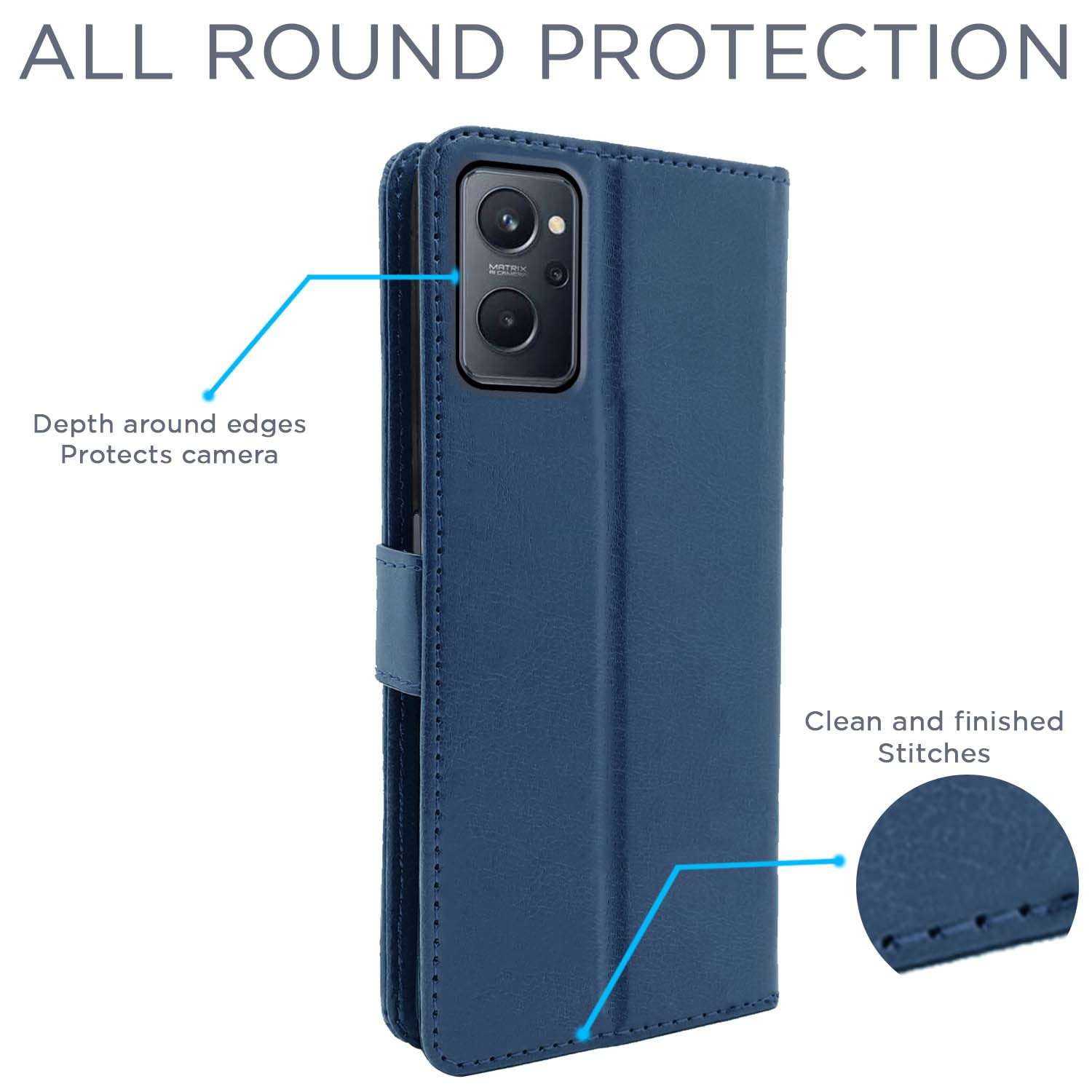 Pikkme Realme 9i Flip Case Leather Finish | Inside TPU with Card Pockets | Wallet Stand and Shock Proof | Magnetic Closing | Complete Protection Flip Cover for Realme 9i (Blue) 5