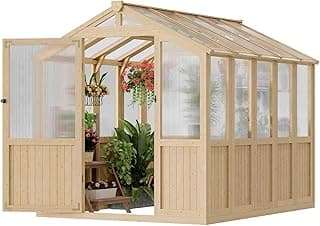 Wooden Greenhouse Garden Wood Green House, 6x8 FT Reinforced Fir Wood Structure Polycarbonate Walk-in Greenhouses Kit ,Safety Vents, Door Latch, Doorstop Hook for All-Weather Gardening and Growing
