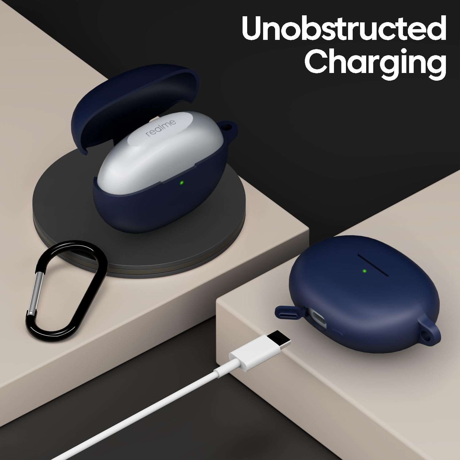 Sounce Silicone Case Cover for Realme Buds Air 6 Pro, Portable Non-Slip Grip & Scratch-Resistant Protector with Carabiner Clip Full Protection Water Resistant, Shockproof Cover - Blue 3