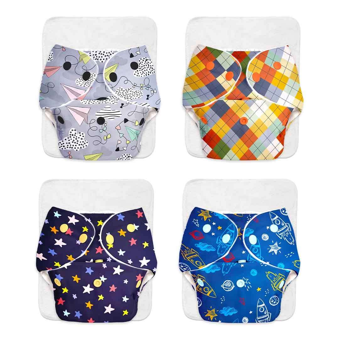 BASIC Pack of 4 Freesize Adjustable, Washable and Reusable Cloth Diaper for babies 0-3 Years | One Size Adjustable Diapers (Pack of 4 diapers+ 4 inserts) Assorted prints 1