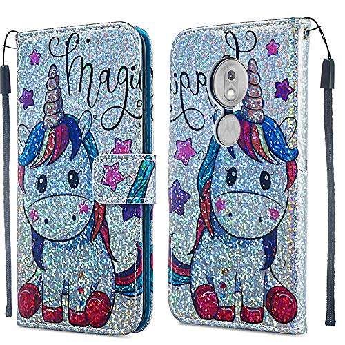 HMTECHUS Moto G7 Play Case Shiny Rhinestone Sparkle Bling Wallet Card Holder Flash Chip PU Leather Anti-Slip Shockproof Magnetic Flip Cover for Motorola Moto G7 Play (US Model) Star Unicorn YB 2