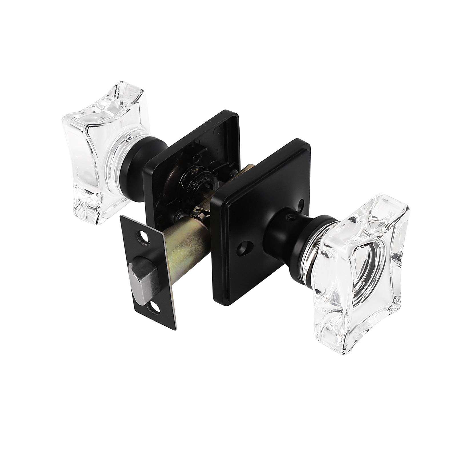 Gobrico 4 Pack Clear Crystal Doorknobs Square Rosette,Matte Black Interior Door Locks for Hall Closet,Glass Passage Door Knobs Handles 5