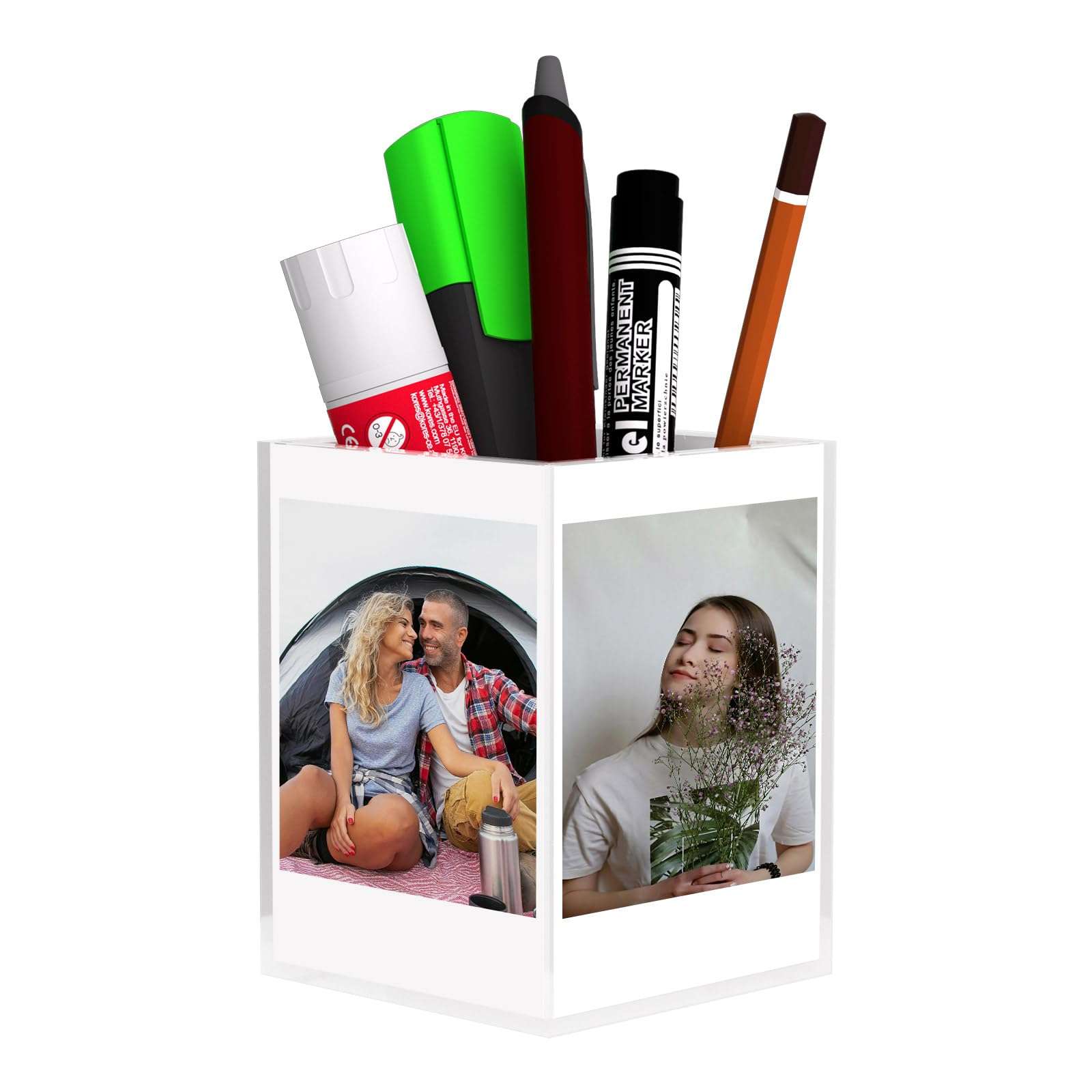 Polaroid Frame for 2x3 Photos, Clear Acrylic Instax Mini Frame, Photo Cube Displays 4 Instant Mini 3-Inch Instax Mini, Polaroid, Sprocket Photos, Small Desk Picture Frame and Pen Holder for Office
