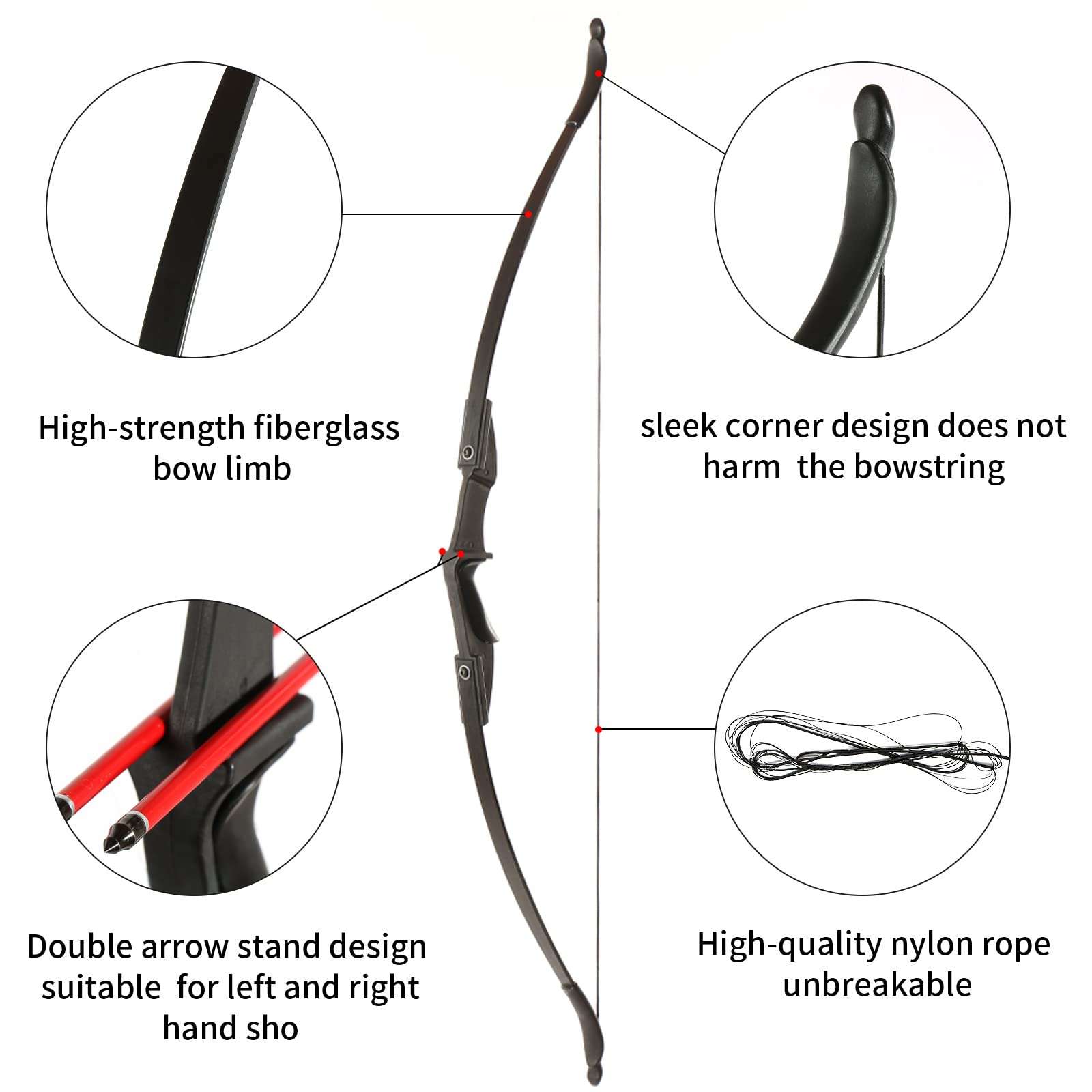TOPARCHERY Archery 57" Takedown Youth Recurve Bow and Arrow Set Long Bow Kit with 6pcs Fiberglass Arrows for Beginner Teenagers Right Left Hand Black - Draw Weight 20lbs- 40lbs (40) 3