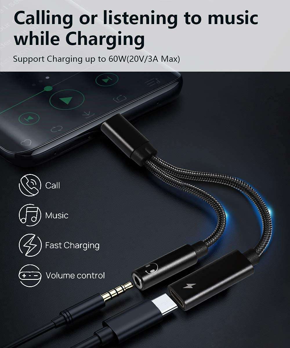 USB C to 3.5mm Headphone and Charger Adapter, 2 in 1 USB C to 3.5mm Headphone Jack Adapter Hi-Res DAC and Fast Charging Dongle Compatible with iPhone 16/15, Google Pixel 9 8 7 XL, Galaxy S25/S24/S23 3